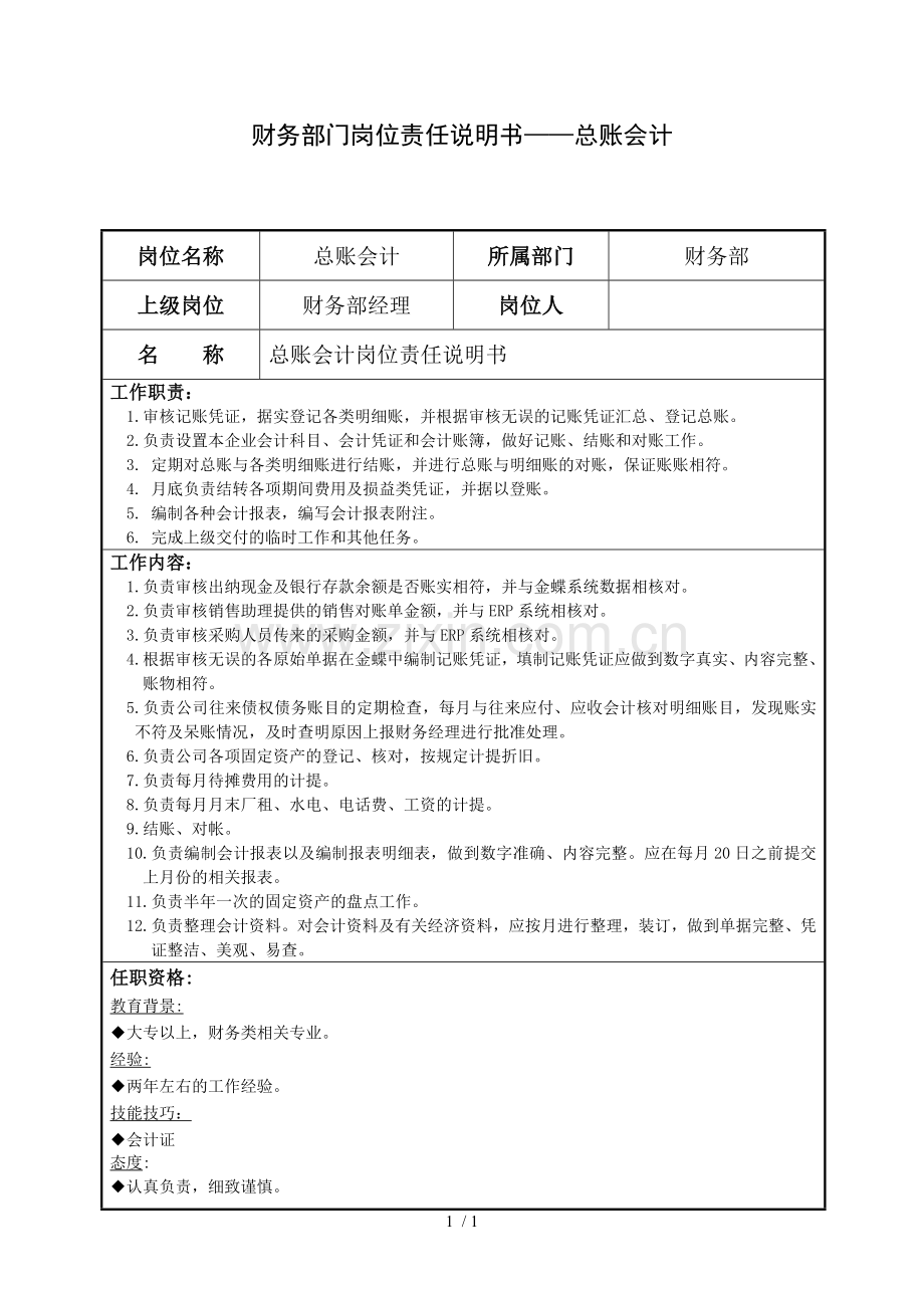 财务部岗位责任说明书—总账会计.docx_第1页