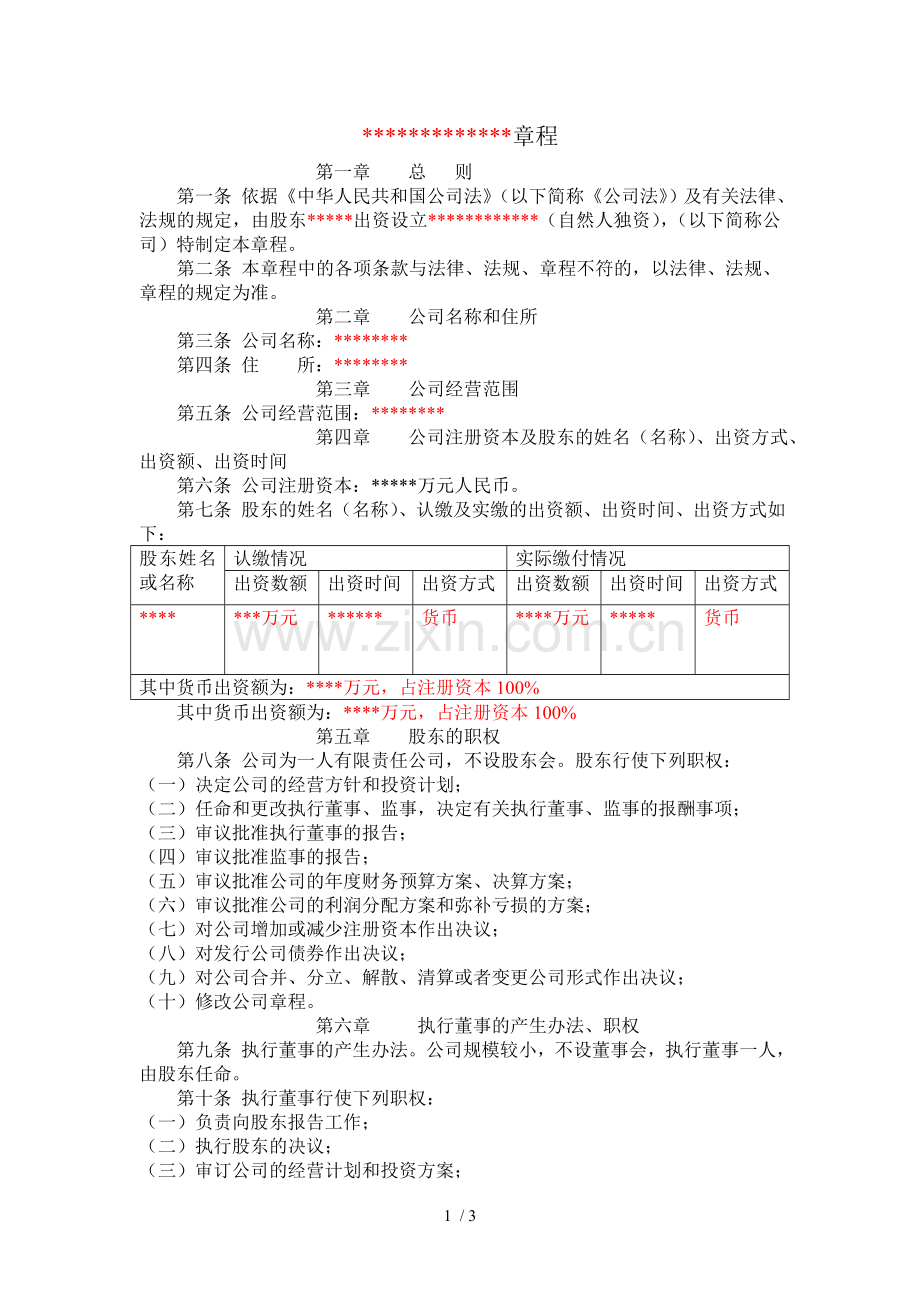 自然人独资公司章程.doc_第1页