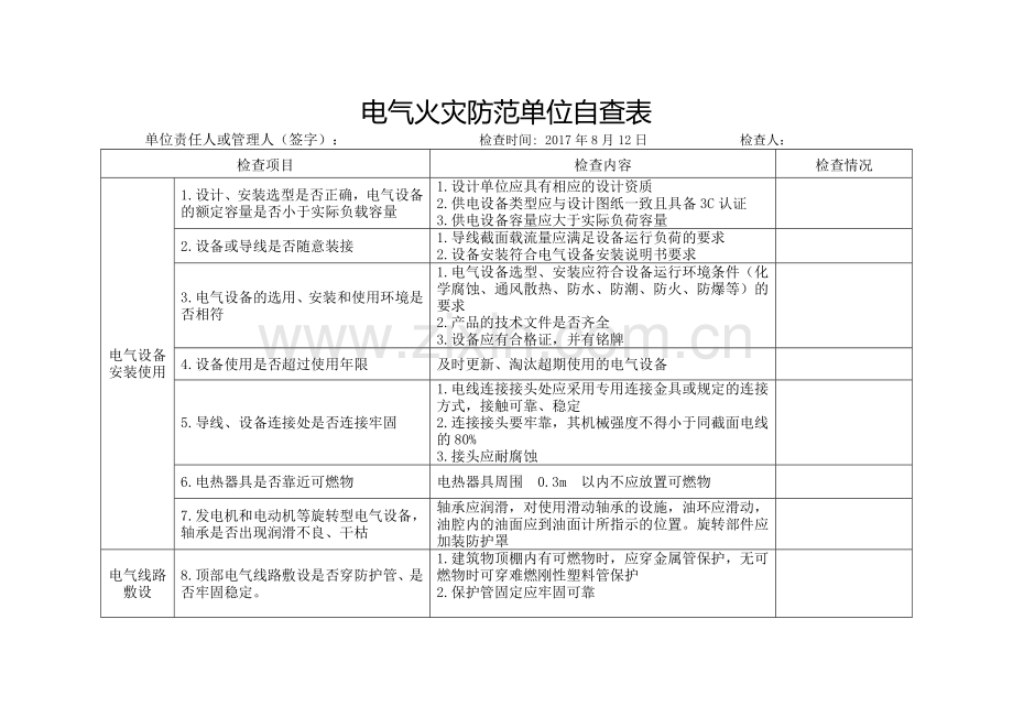 电气火灾防范单位自查表.doc_第1页