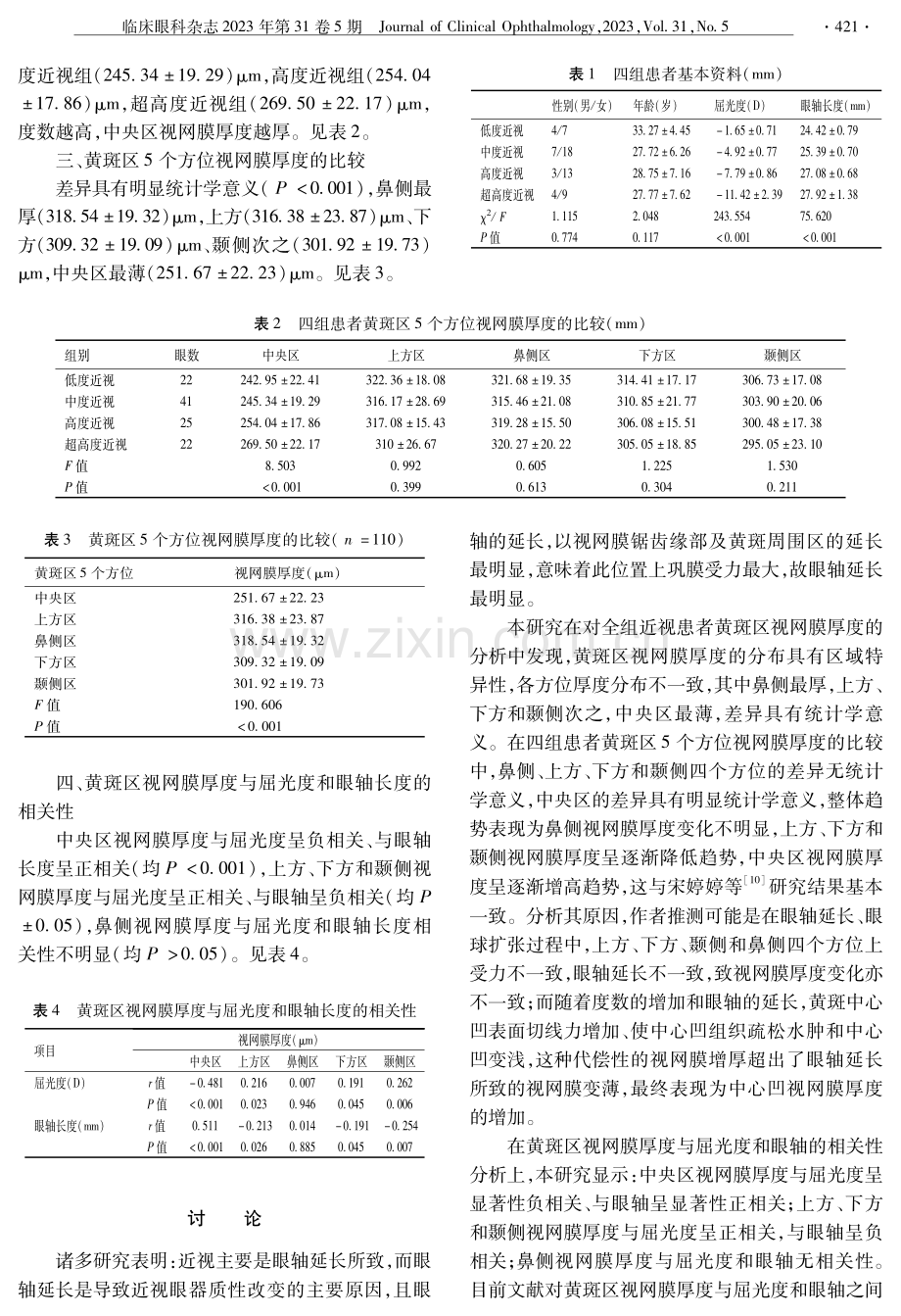 近视眼黄斑区视网膜厚度分布与屈光度和眼轴的相关性分析.pdf_第3页