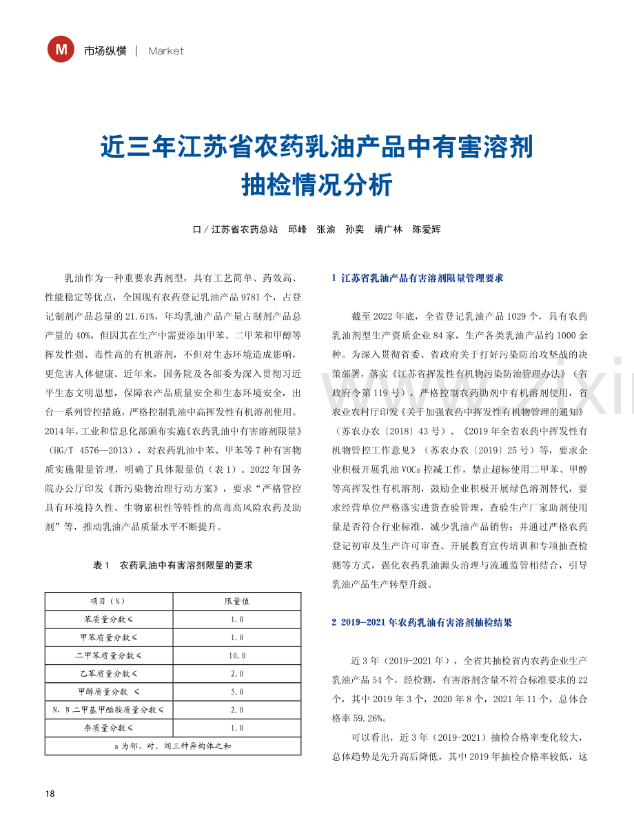 近三年江苏省农药乳油产品中有害溶剂抽检情况分析.pdf_第1页