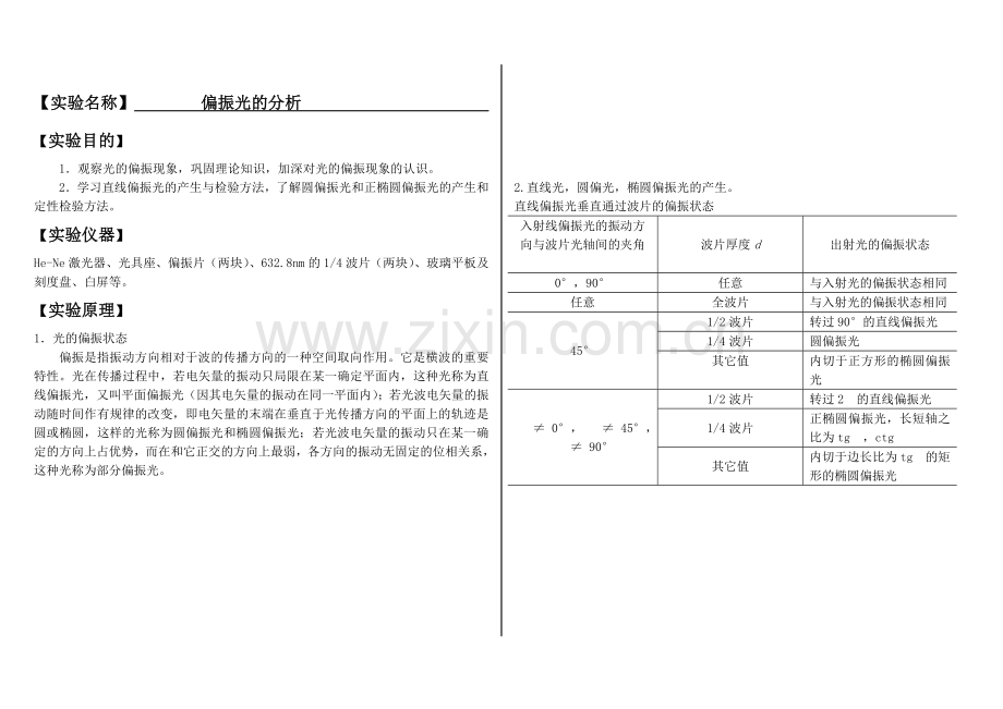 大学物理实验报告系列之偏振光的分析.doc_第1页