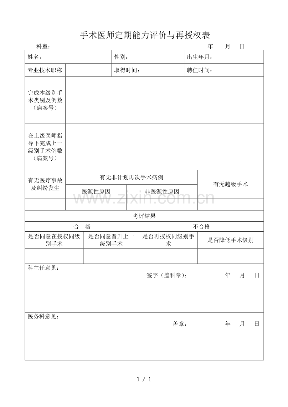 手术医师定期能力评价与再授权表.doc_第1页