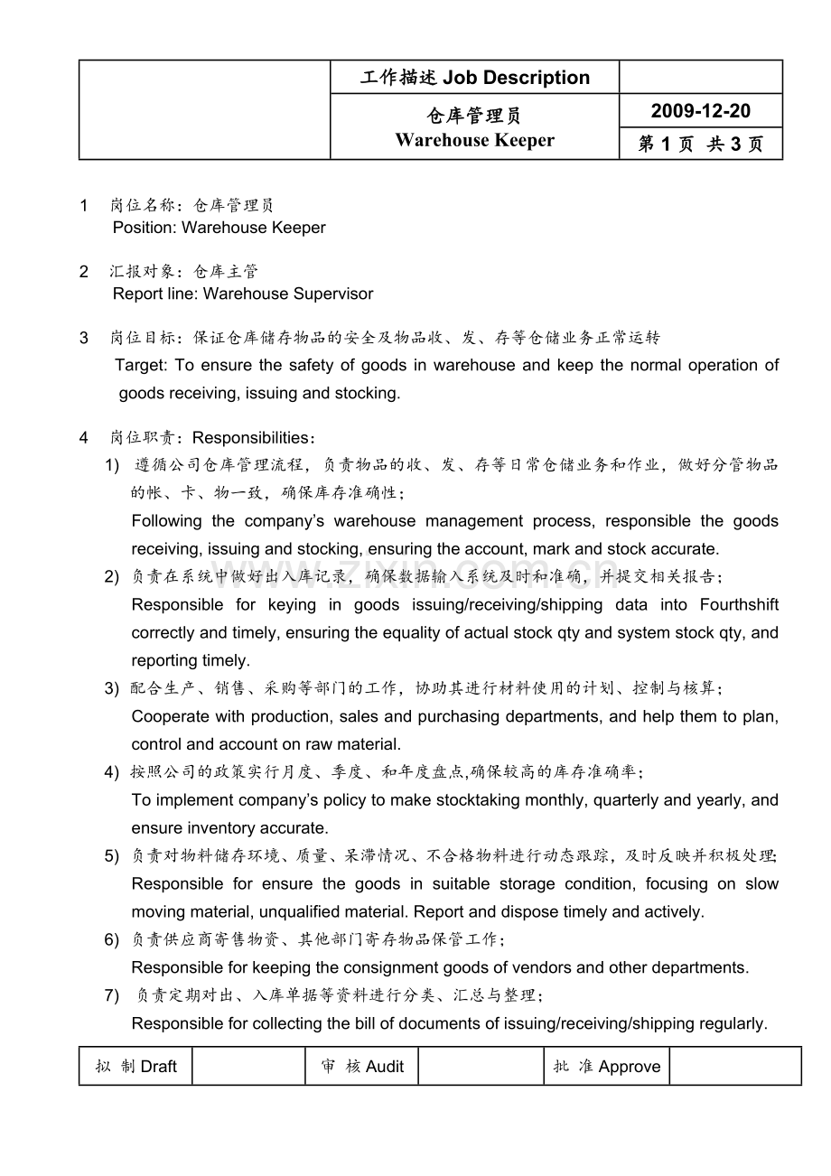 仓库管理员岗位职责(中英文)Job-description--Warehouse-Keeper.doc_第1页