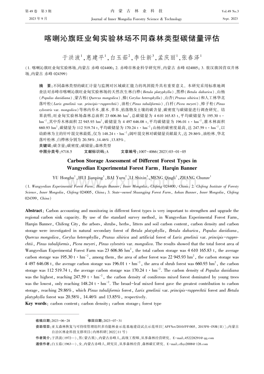 喀喇沁旗旺业甸实验林场不同森林类型碳储量评估.pdf_第1页