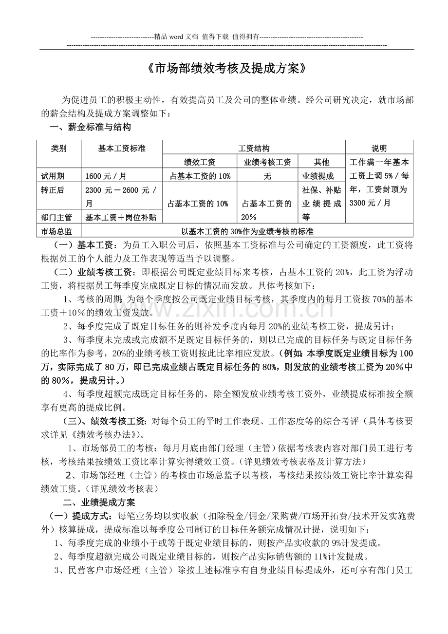 软件公司市场部绩效考核与提成方案.docx_第1页