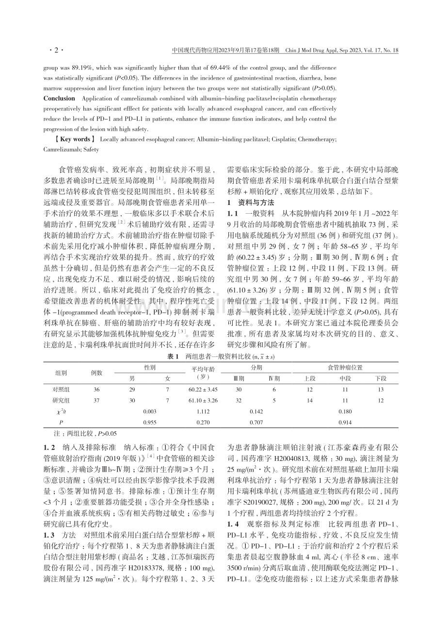 卡瑞利珠单抗联合白蛋白结合型紫杉醇 顺铂化疗用于局部晚期食管癌术前的效果及对PD-1、PD-L1水平的影响研究.pdf_第2页