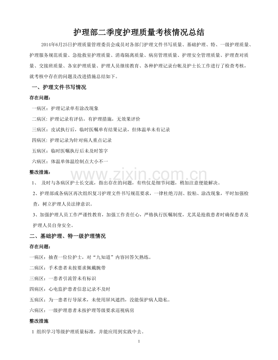 护理部二季度护理质量考核情况总结.doc_第1页