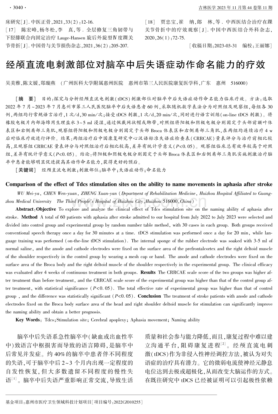 经颅直流电刺激部位对脑卒中后失语症动作命名能力的疗效.pdf_第1页