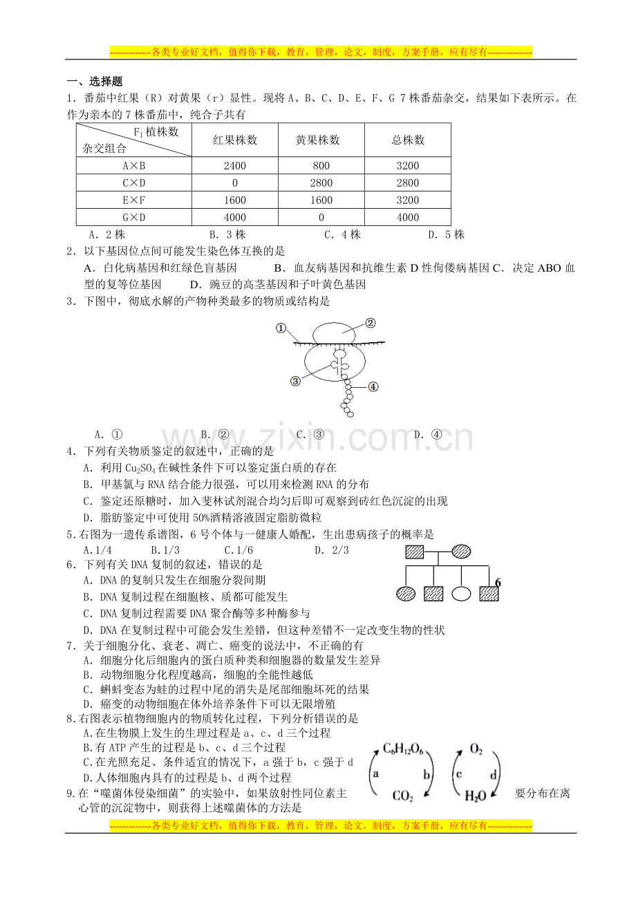 高一生物试卷及答案.doc_第1页