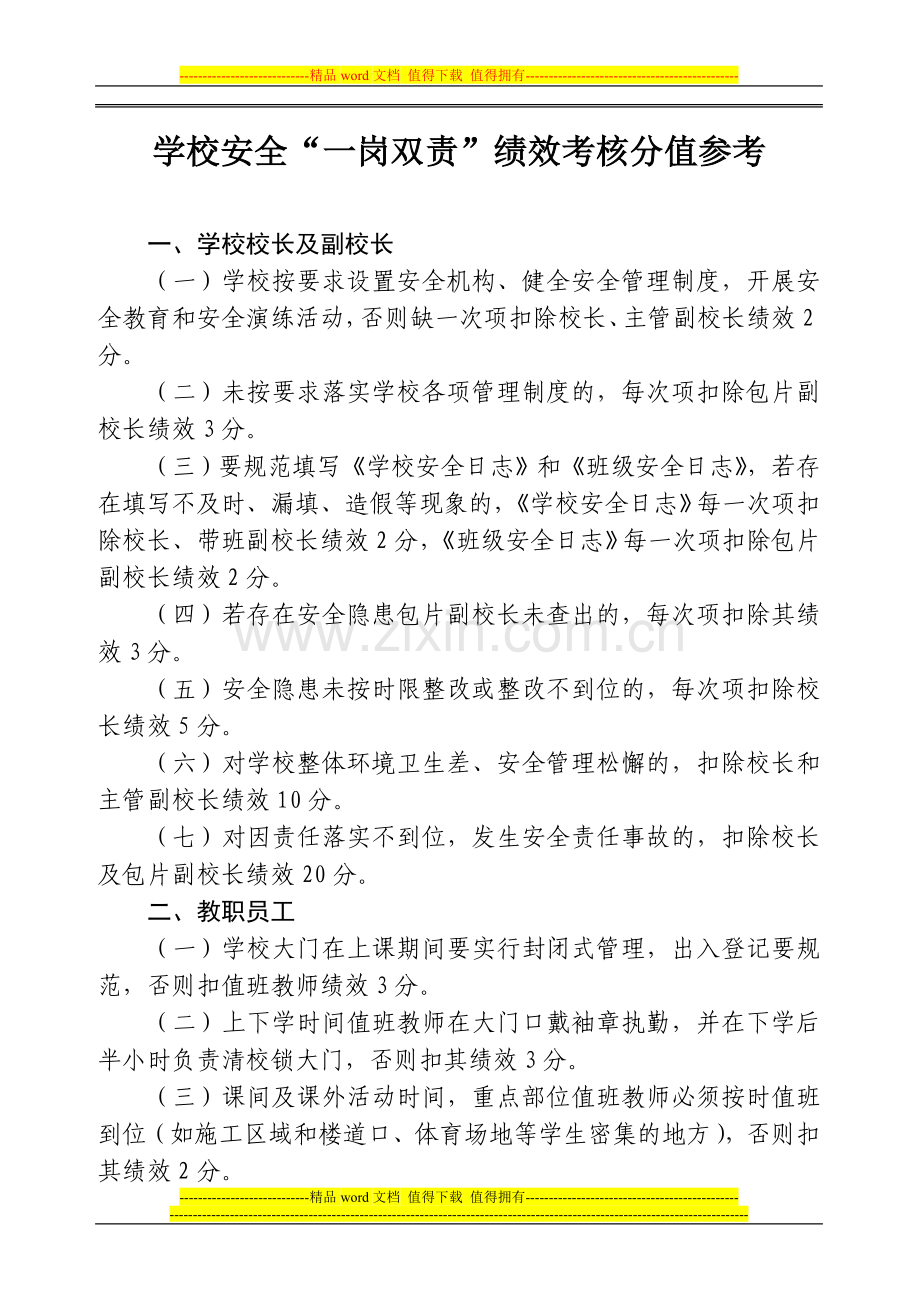 学校教职工安全工作绩效考核参考分值.doc_第1页