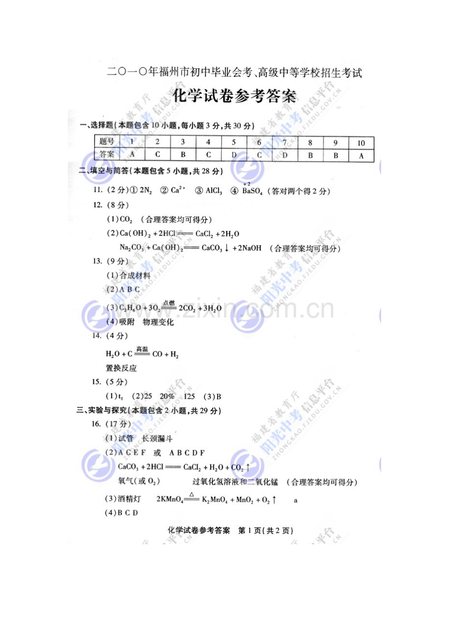 2010年福州中考化学试卷与答案.doc_第1页