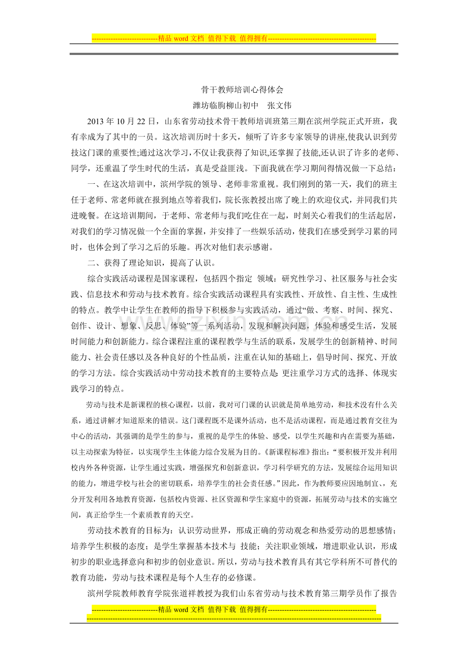 劳动与技术骨干教师培训总结.doc_第1页