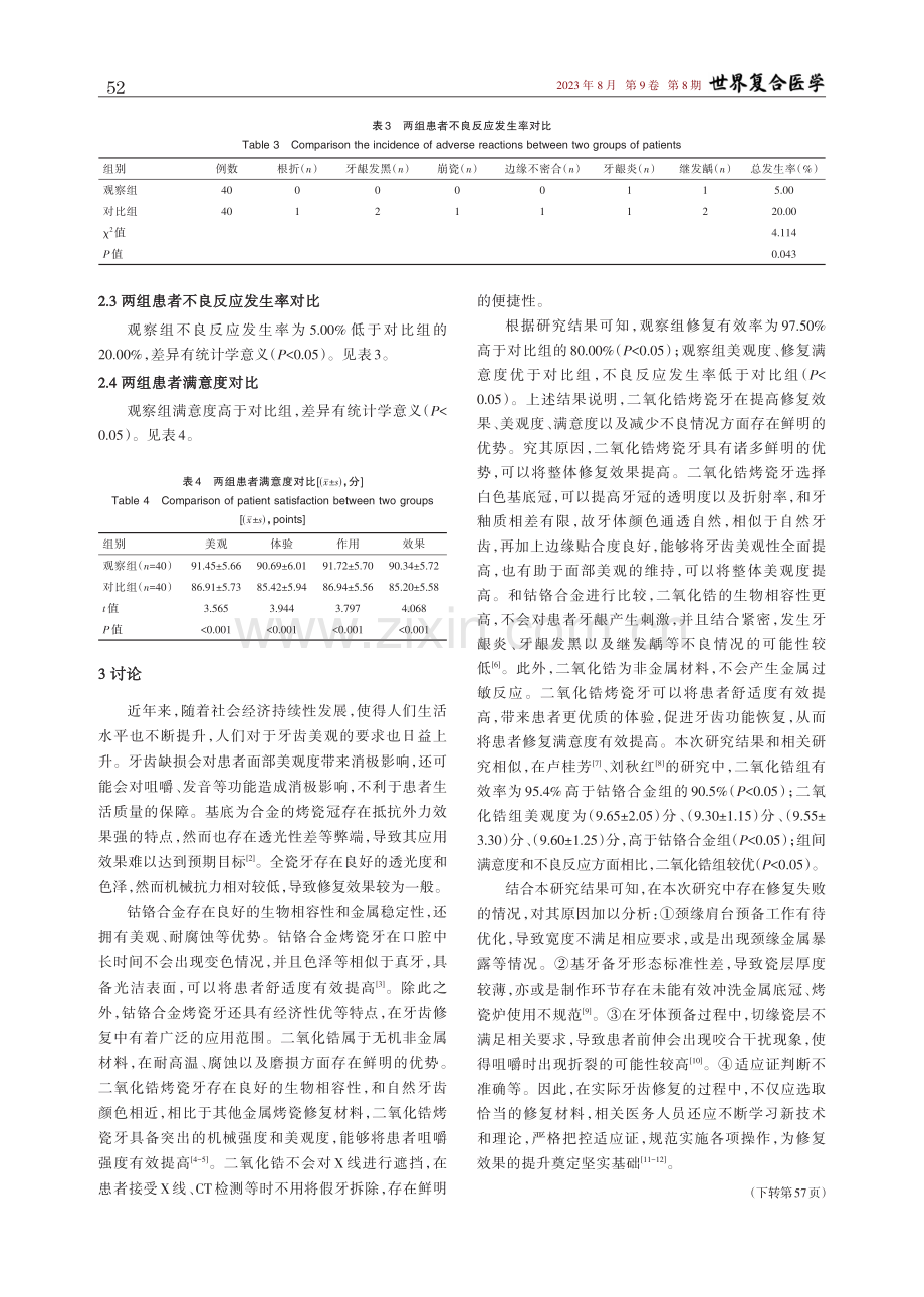 烤瓷牙行钴铬合金烤瓷牙和二氧化锆烤瓷牙修复的效果分析.pdf_第3页