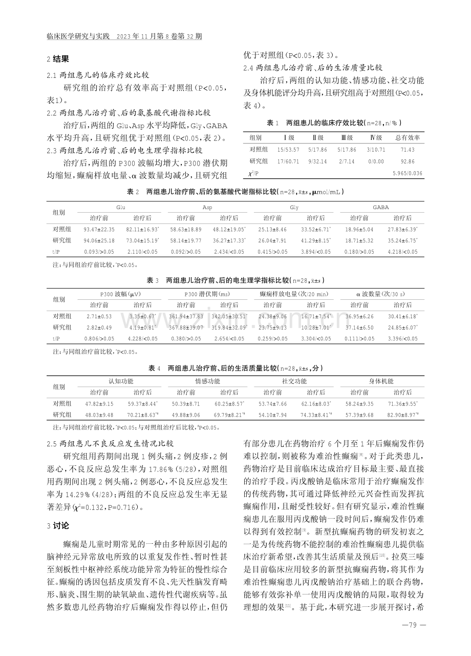 拉莫三嗪联合丙戊酸钠治疗小儿难治性癫痫的效果及对氨基酸代谢指标、电生理学指标及生活质量的影响.pdf_第3页