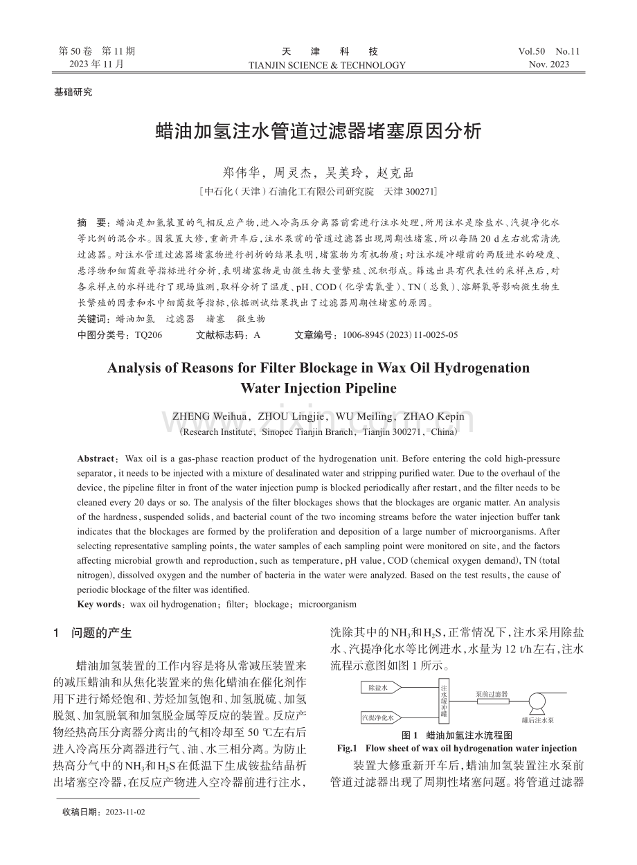 蜡油加氢注水管道过滤器堵塞原因分析.pdf_第1页