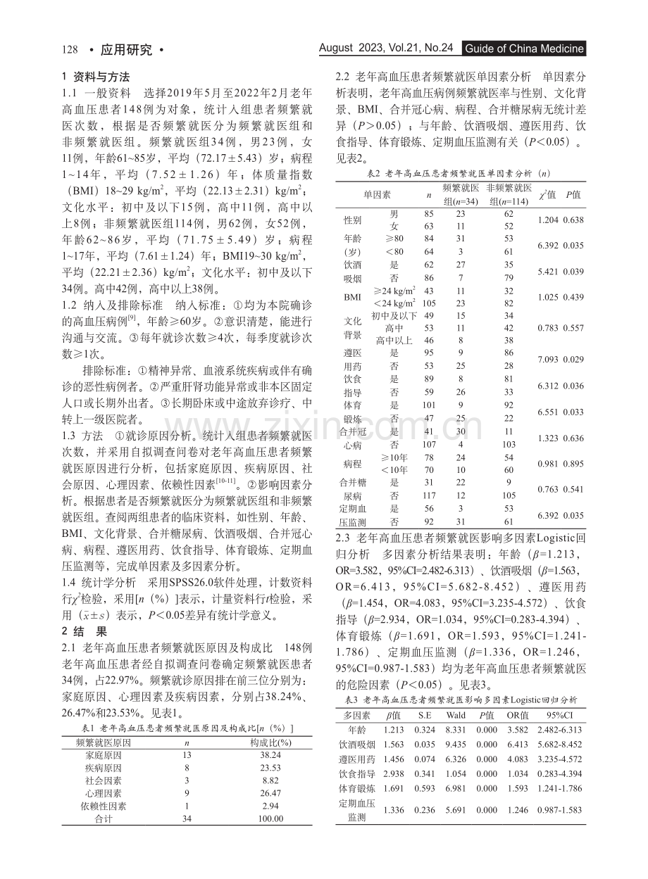 老年高血压患者频繁就医原因分析及影响多因素Logistic回归分析研究.pdf_第2页