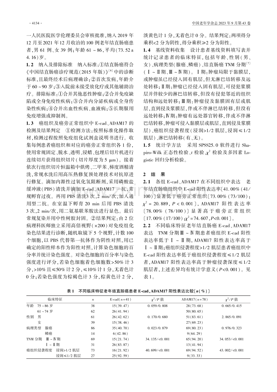 老年结直肠癌组织中E-cad、ADAM17表达及其与肿瘤分期、侵袭深度的相关性.pdf_第2页