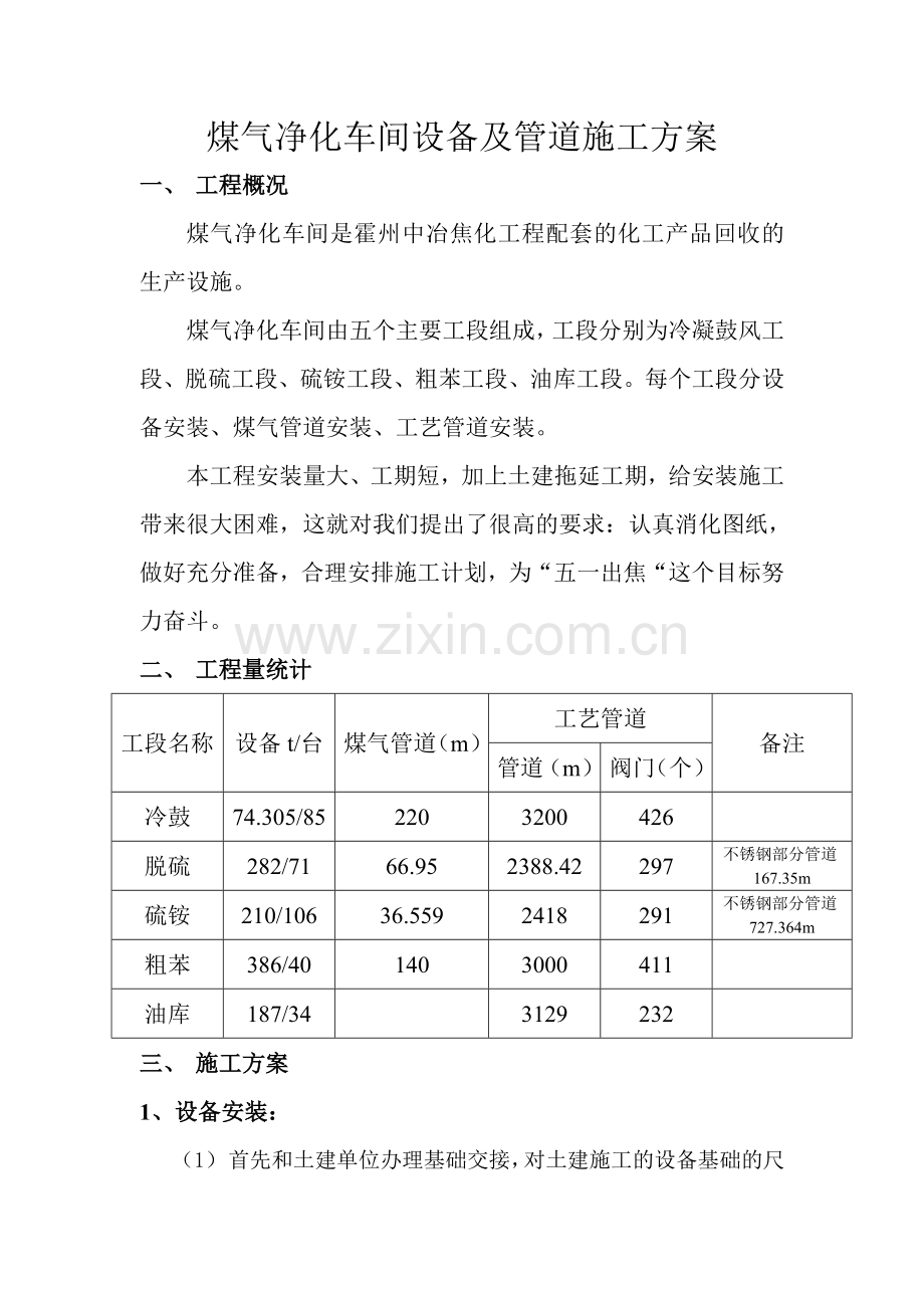 煤气净化车间设备及管道施工方案.doc_第1页