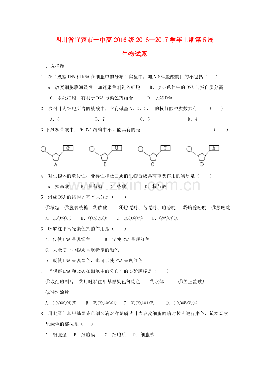 高一生物上学期第5周试题.doc_第1页