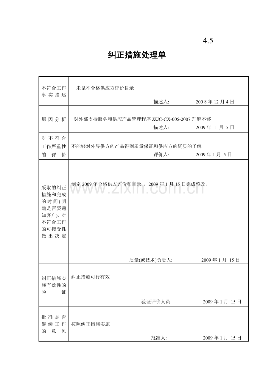 实验室纠正措施处理单.doc_第1页