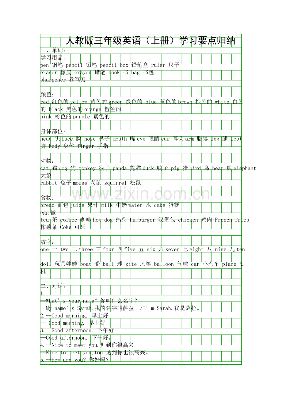 人教版三年级英语上册学习要点归纳.docx_第1页