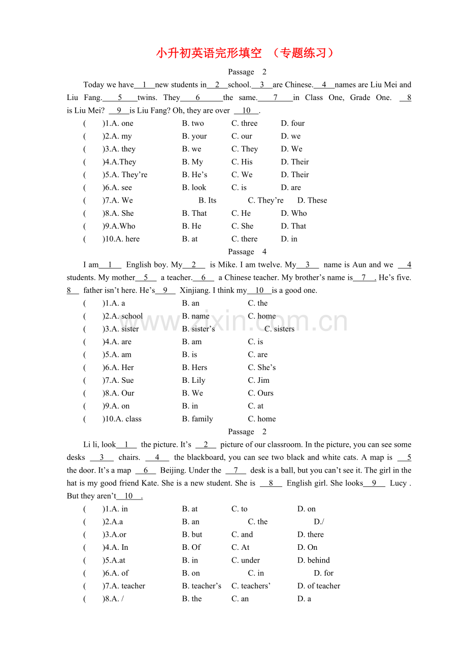 小升初英语完形填空专题练习.doc_第1页