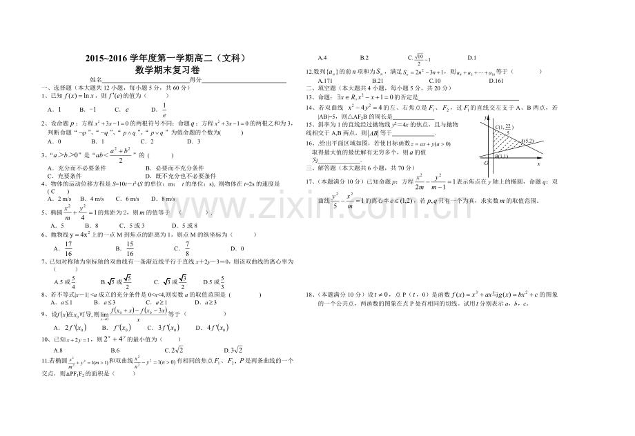 2015度第一学期高二文科数学试题.doc_第1页