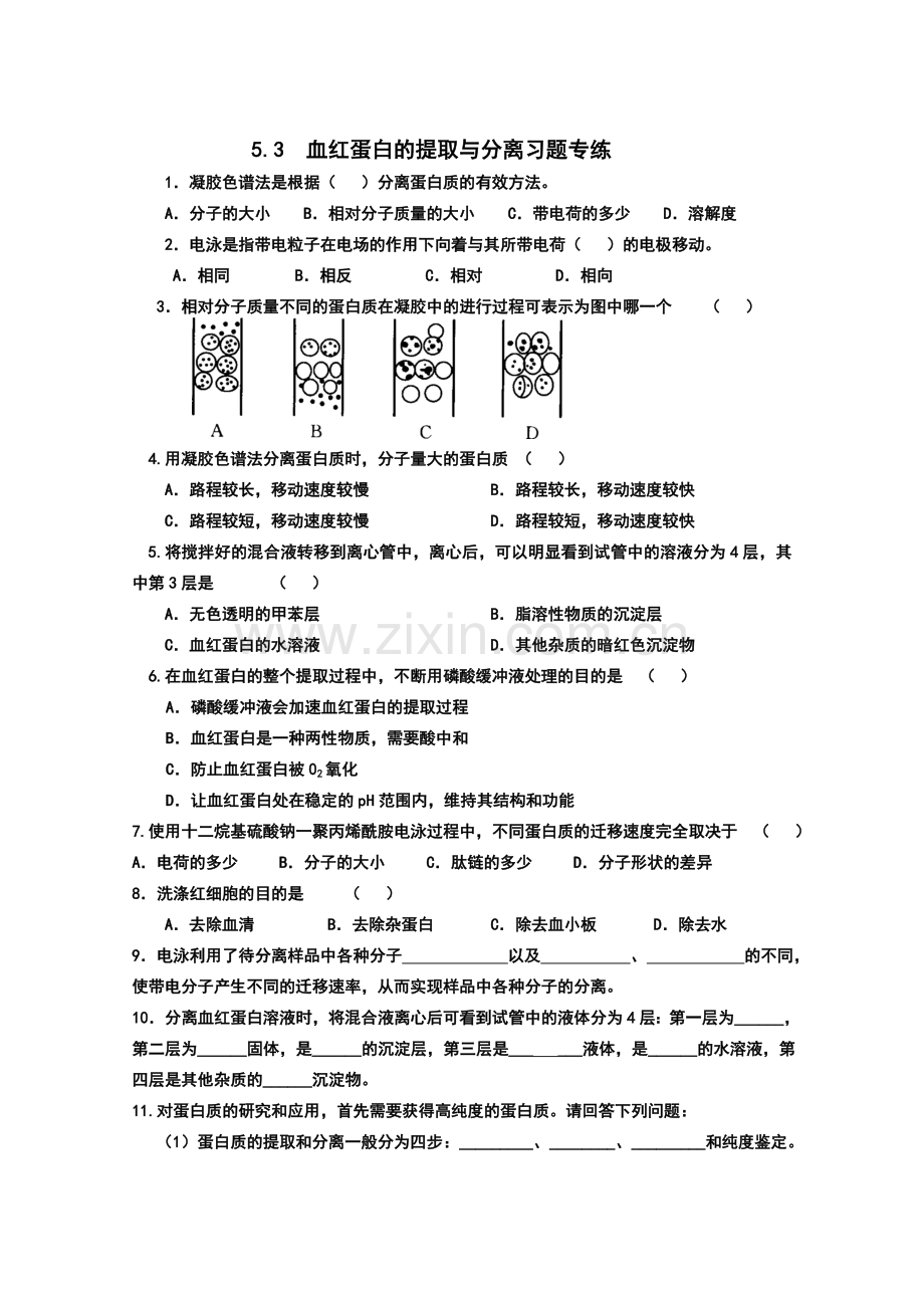 53血红蛋白的提取与分离习题专练.doc_第1页