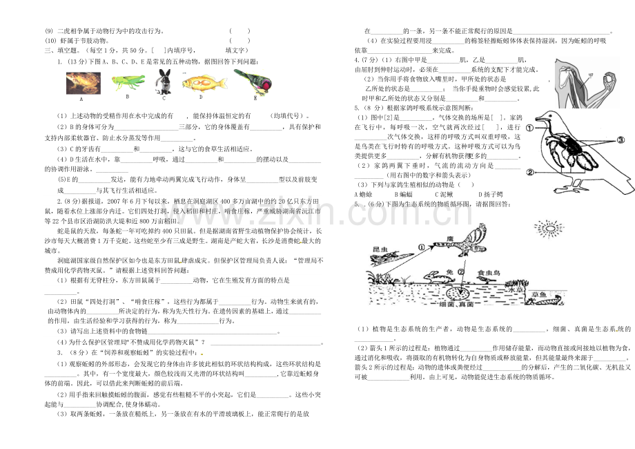 八年级生物上学期期中复习试题无答案-新人教版.doc_第2页