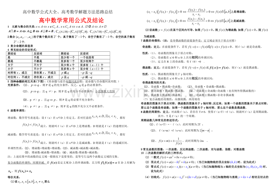 高中数学公式大全高考数学解题方法汇总总结.doc_第1页