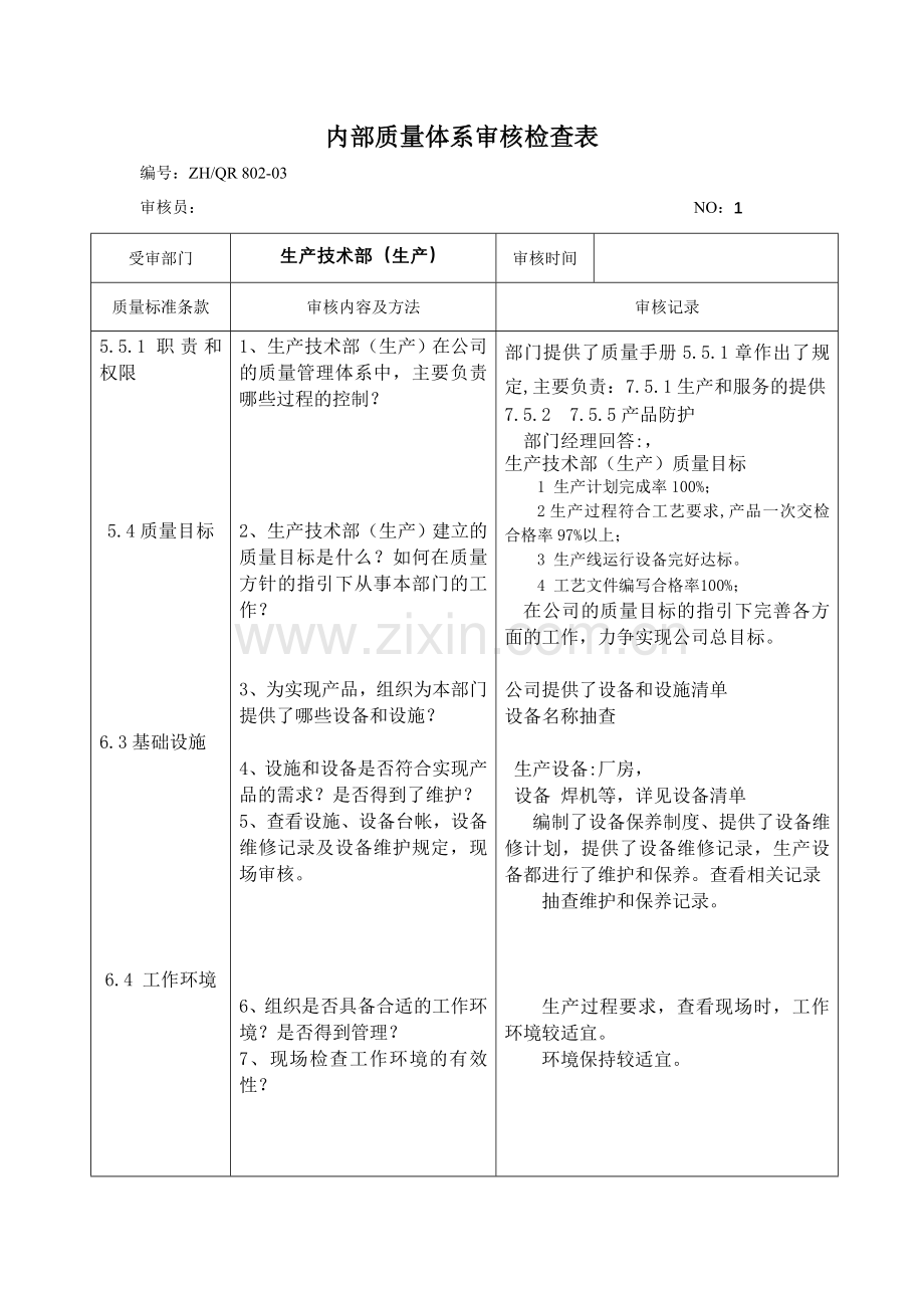 内部质量体系审核检查表生产部.doc_第1页