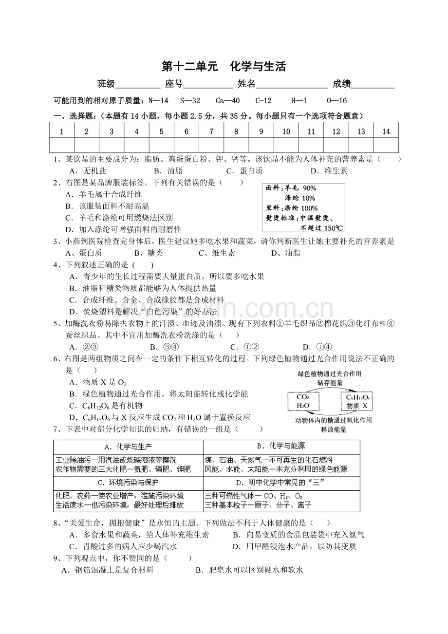 化学与生活十二单元测试2.doc_第1页