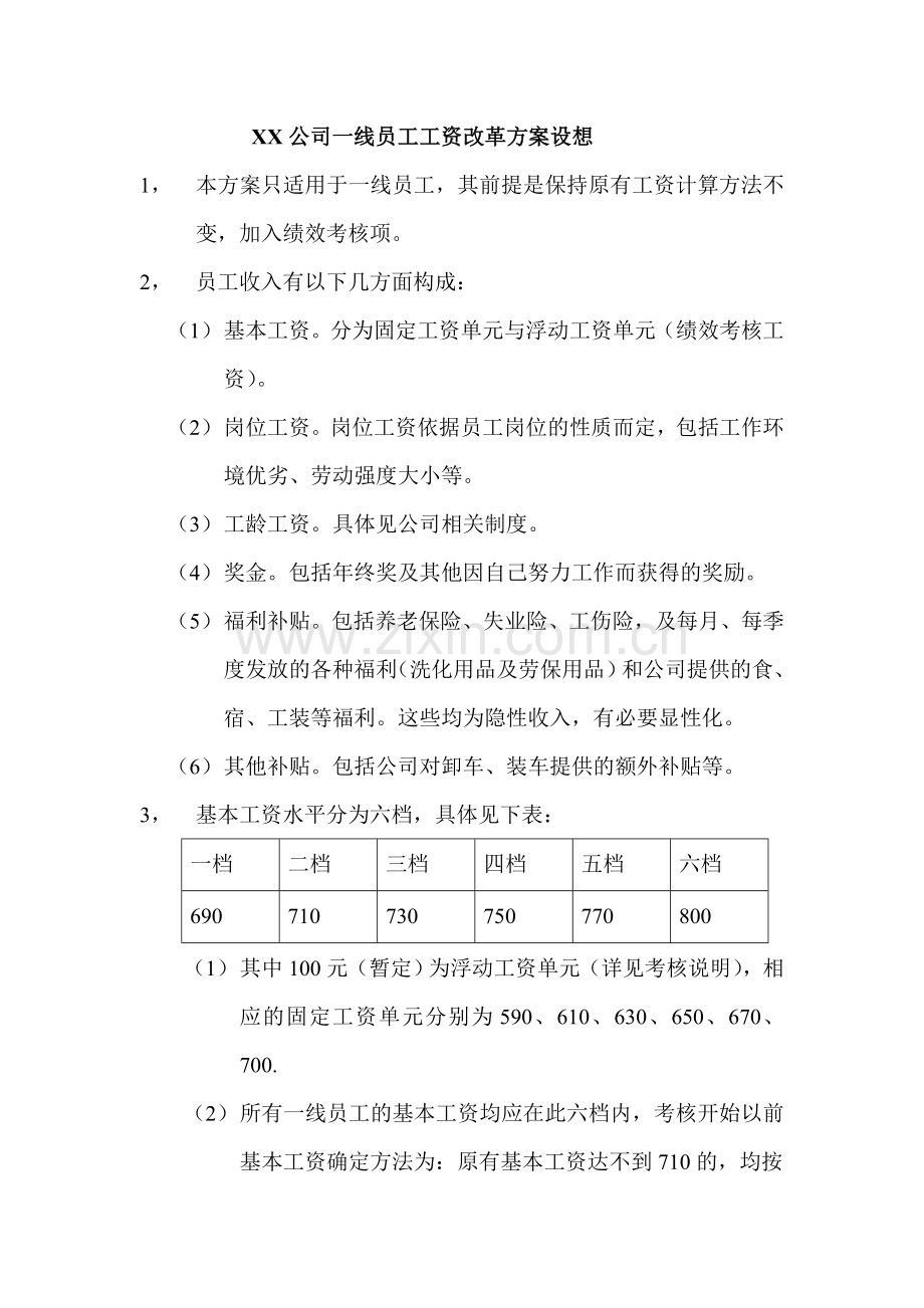 XX公司一线员工工资改革方案设想一线员工工资方案.doc_第1页