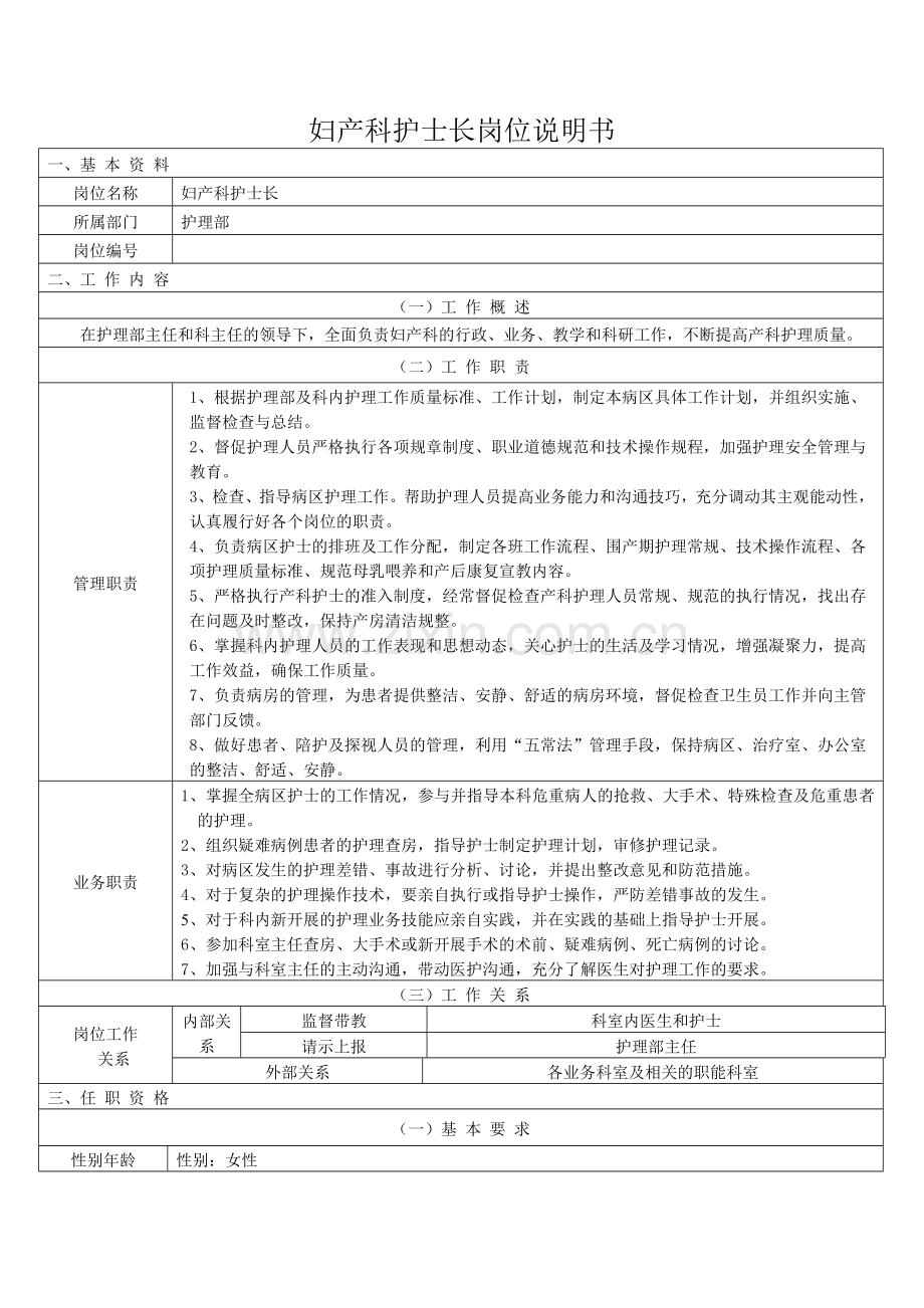 妇产科岗位说明书DOC.doc_第1页