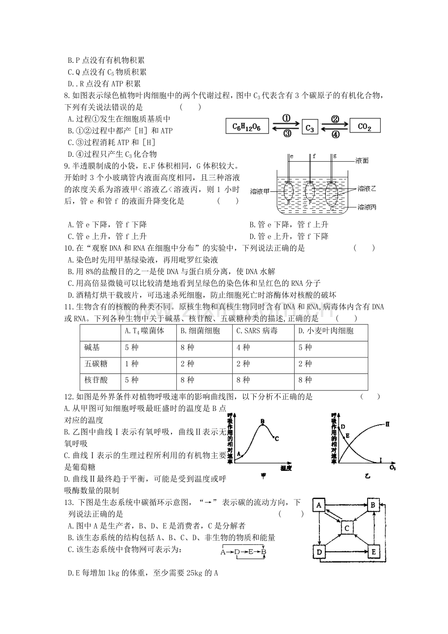 甘肃省天水市一中高三生物上学期第一轮复习基础知识检测期末考试试题.doc_第2页