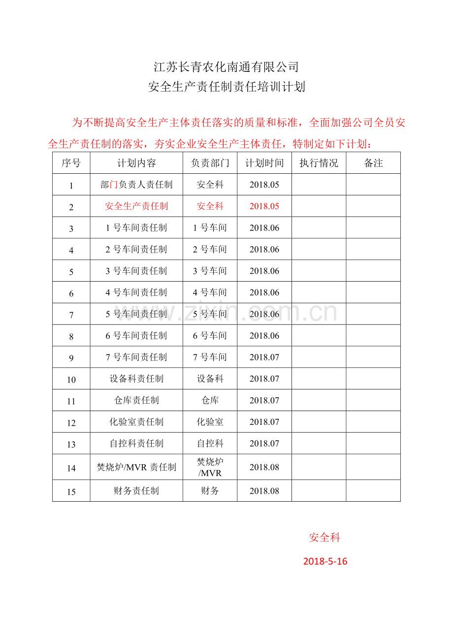 安全生产责任制责任培训计划2018.doc_第1页