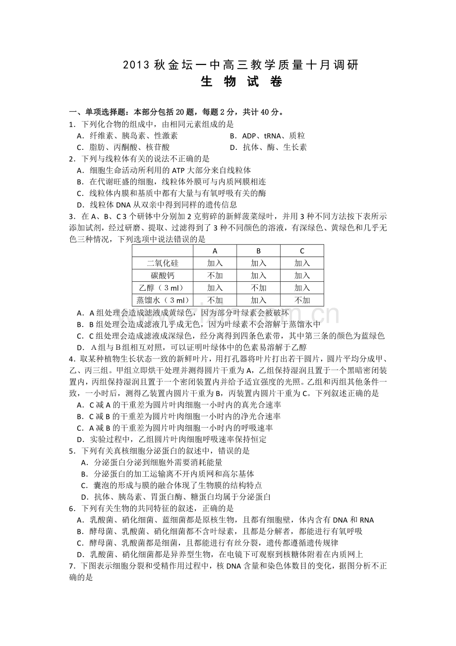 常州市金坛一中高三10月教学质量调研生物试题.doc_第1页