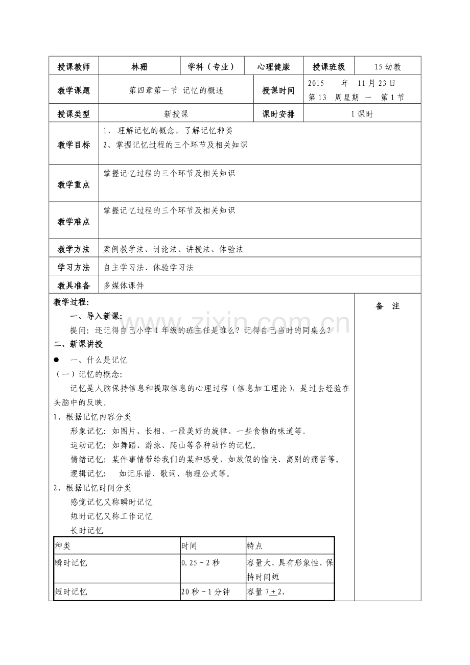 201520161第13周教案学前儿童发展心理学记忆的概述.doc_第1页