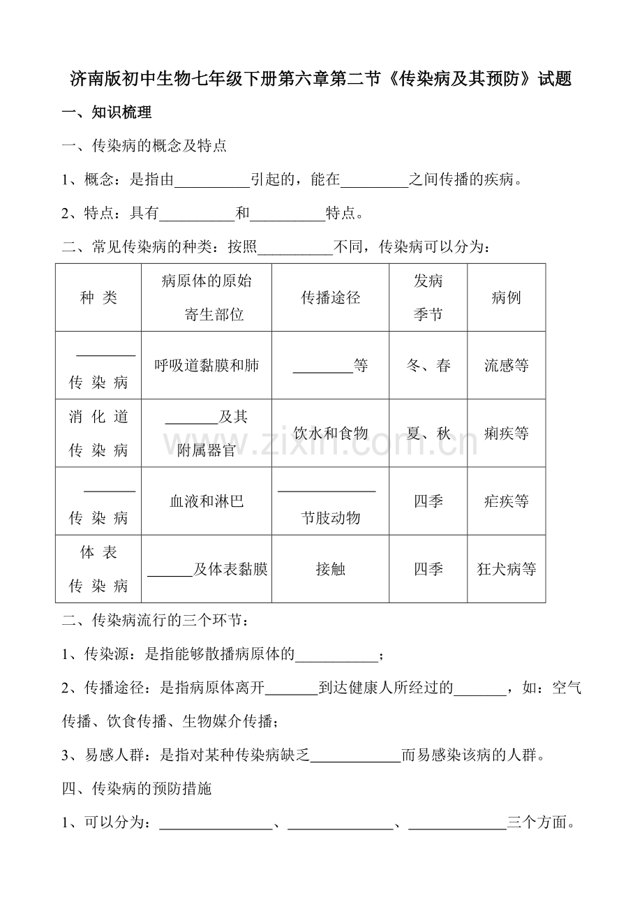 初中生物七年级下册传染病及其预防试题.doc_第1页