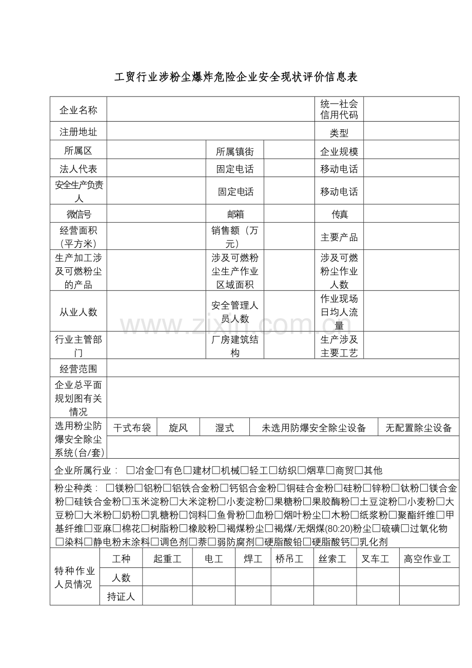 工贸行业涉粉尘爆炸危险企业安全现状评价信息表.doc_第1页