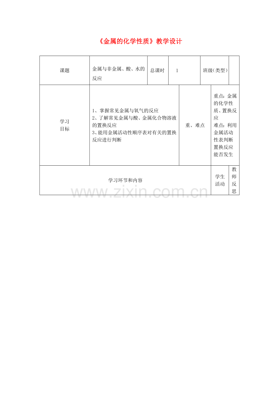 高一化学金属的化学性质教学设计.doc_第1页