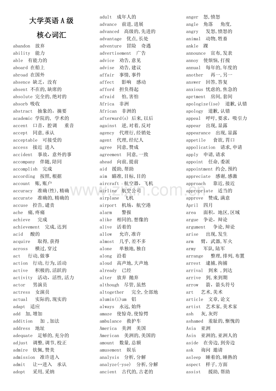 大学英语三级A级考试核心词汇.doc_第1页