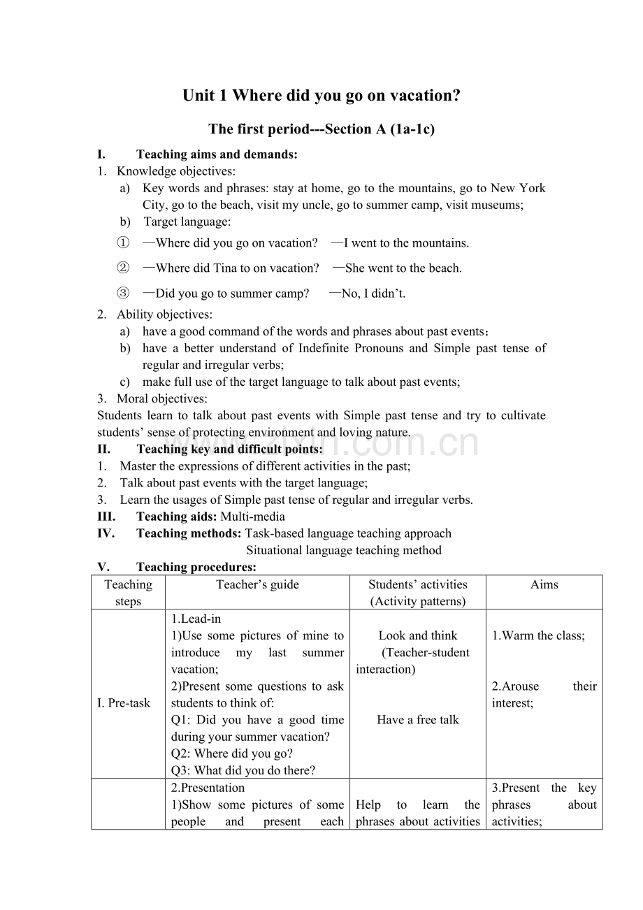 Unit1Wheredidyougoonvacation时教学设计.doc_第1页