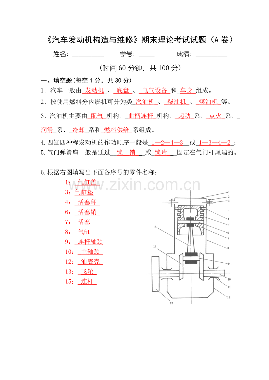 汽车发动机构造与维修期终试题A答案.doc_第1页