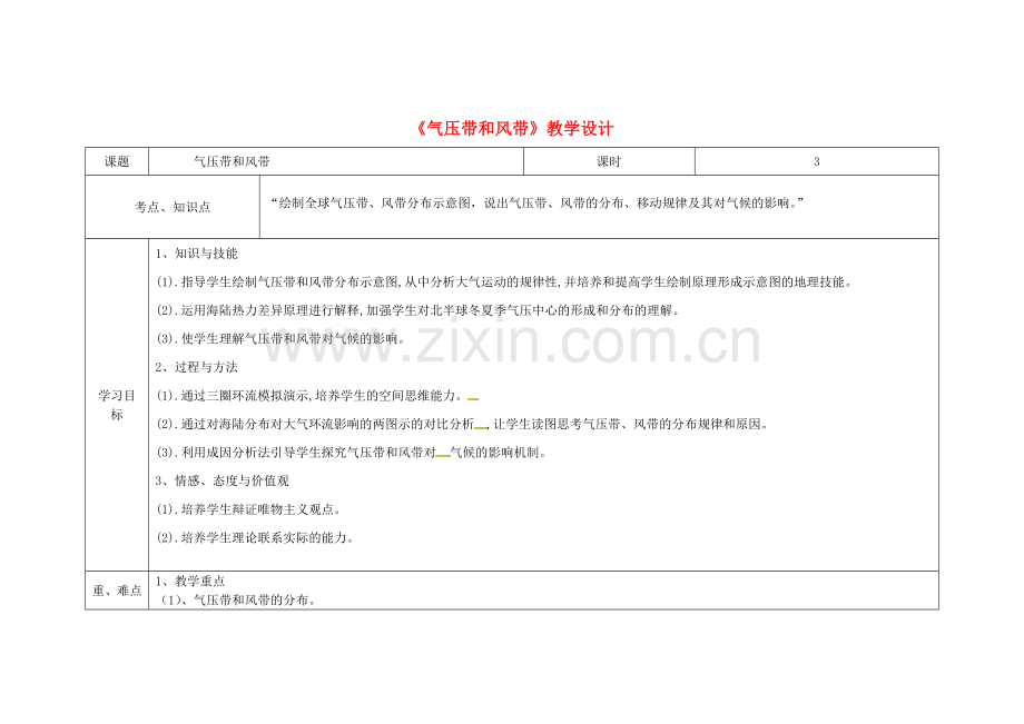 高一地理上学期13周教学设计气压带和风带.doc_第1页