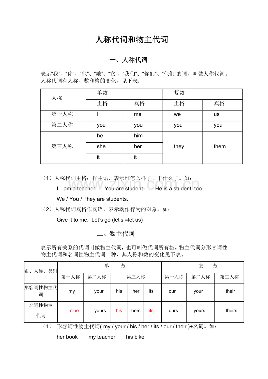 初一英语人称代词和物主代词的表格及练习题.doc_第1页