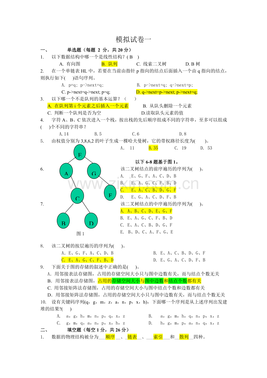 c语言数据结构试题模拟试卷.doc_第1页