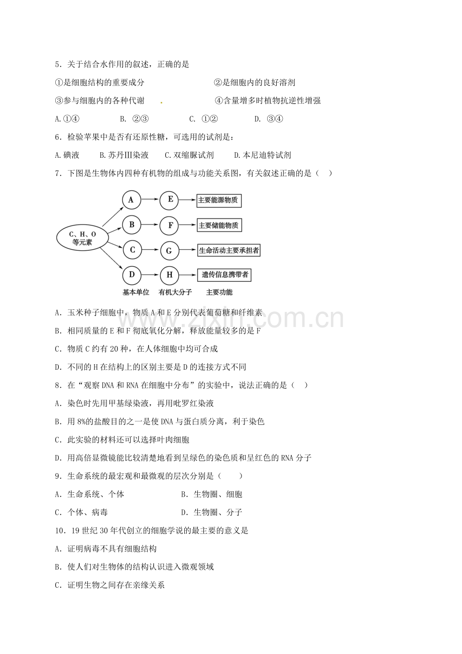 高一生物上学期第一周周测试题重点班.doc_第2页