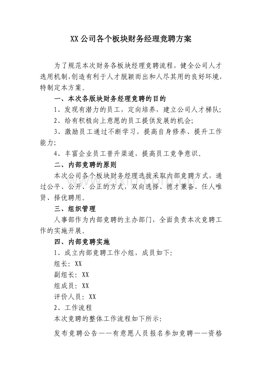 XX公司各个板块财务经理竞聘方案.doc_第1页